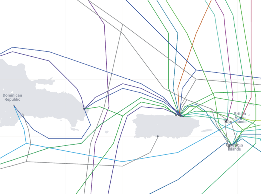 Cables de telecomunicaciones conectados a Puerto Rico (Cortesía: Submarine Cable Map, TeleGeography)